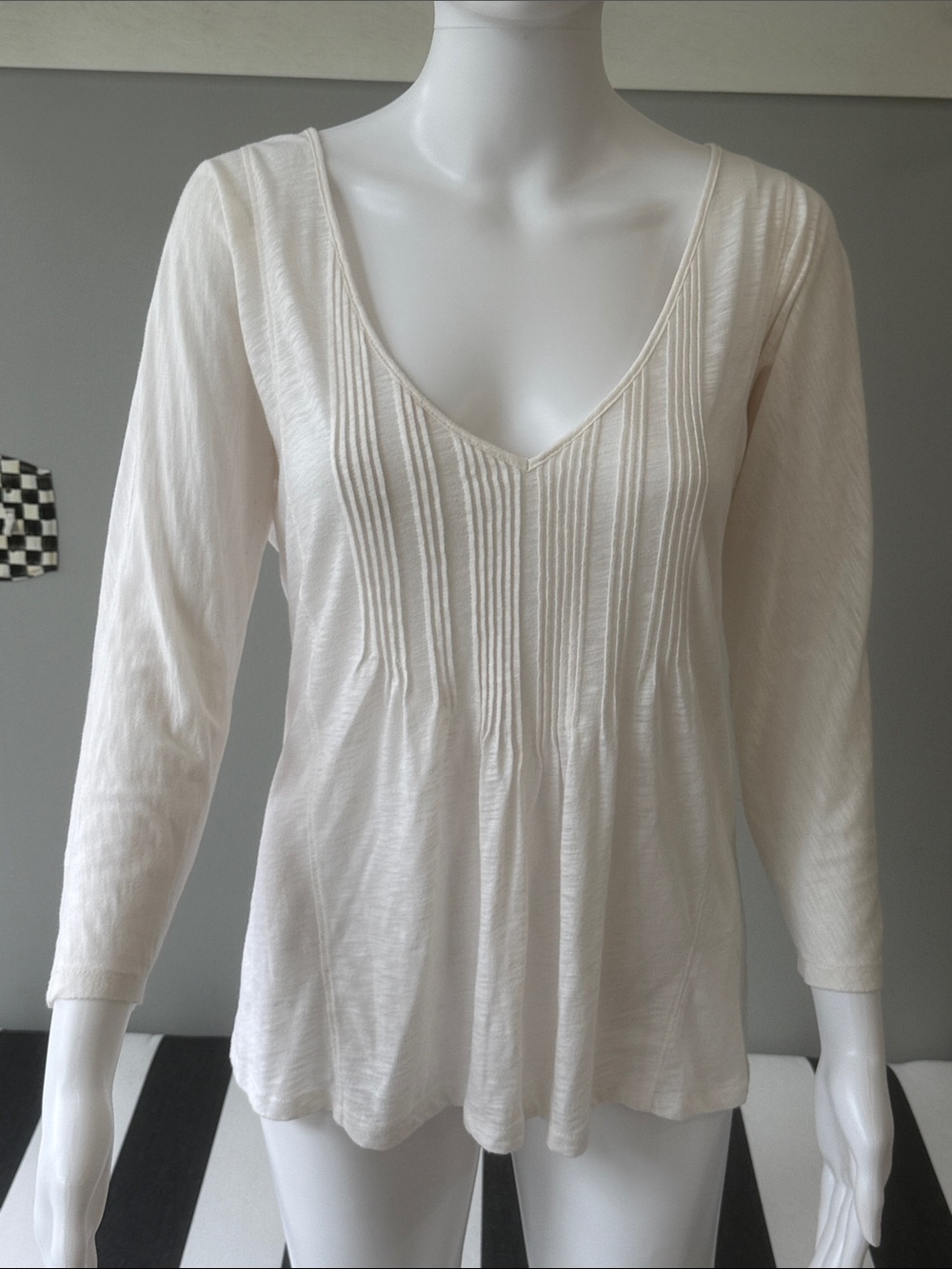 J. Crew Cream Long-Sleeve Pintuck Low V-Neck Loose Fit Semi-Sheer Top -Small